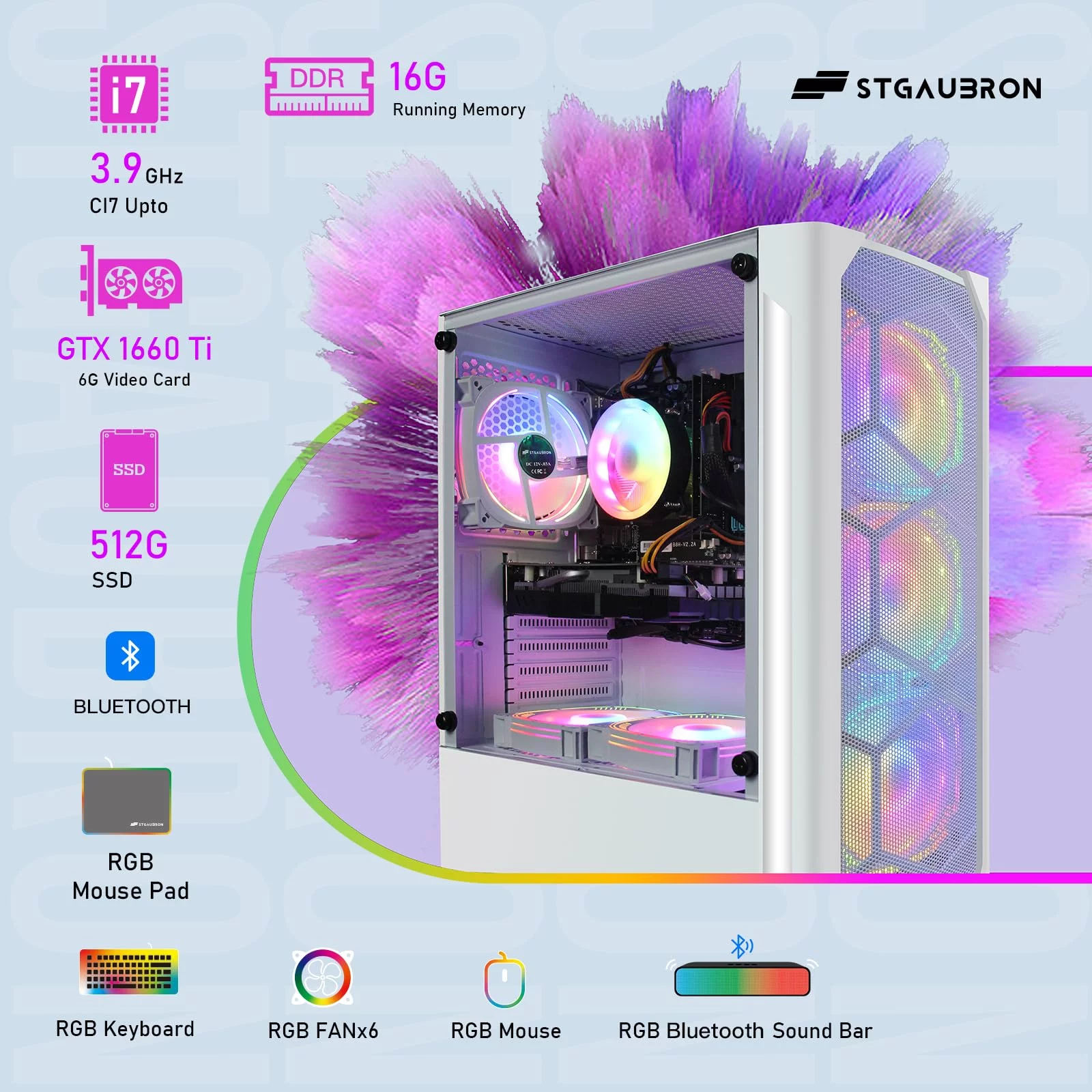 STGAubron Gaming Desktop PC Computer,Intel Core I7 3.4GHz up to 3.9GHz, 16G RAM, 512G SSD, WIFI, BT 5.0, GeForce GTX 1660 Ti 6G GDDR6, RGB Fanx6, RGB Keyboard&Mouse&Mouse Pad, RGB BT Sound Bar, W10H64