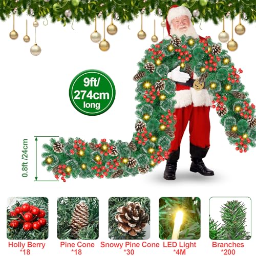 9Ft Pre-lit Christmas Garland with LED Lights Battery Operated, Holiday Decoration Stairs Wall Mantle Door Indoor Outdoor, Decorated with Red Flower, Balls, Berries, Snowy Pine, Christmas Collection