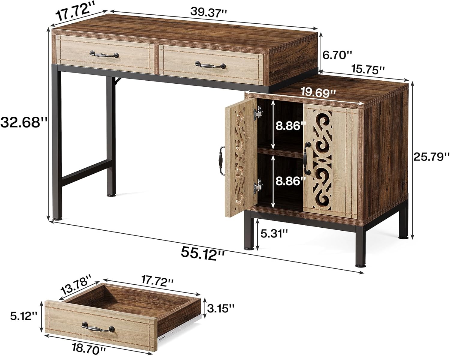 Tribesigns 55-Inch Computer Desk with Drawers, Home Office Desk with Storage Cabinet and Printer Space, Reversible Computer Desk Workstation for Home Office, Bedroom, Brown