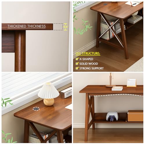 Extra Long Desk with Bookshelf - Solid Wood Home Office Work Study Table, 2-Person Writing Computer Workstation with Storage Shelf in Walnut, 55