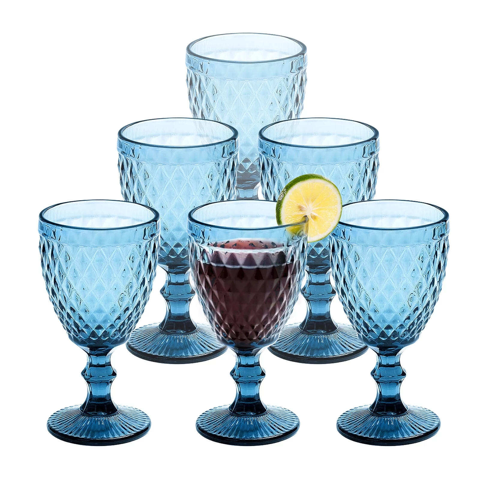 AOMOTA 6pcs Glass Goblet Embossed Retro Vintage Glassware 8 oz Glass Goblet Wine Goblet Wine Cup Stemware for Beverage (Blue)