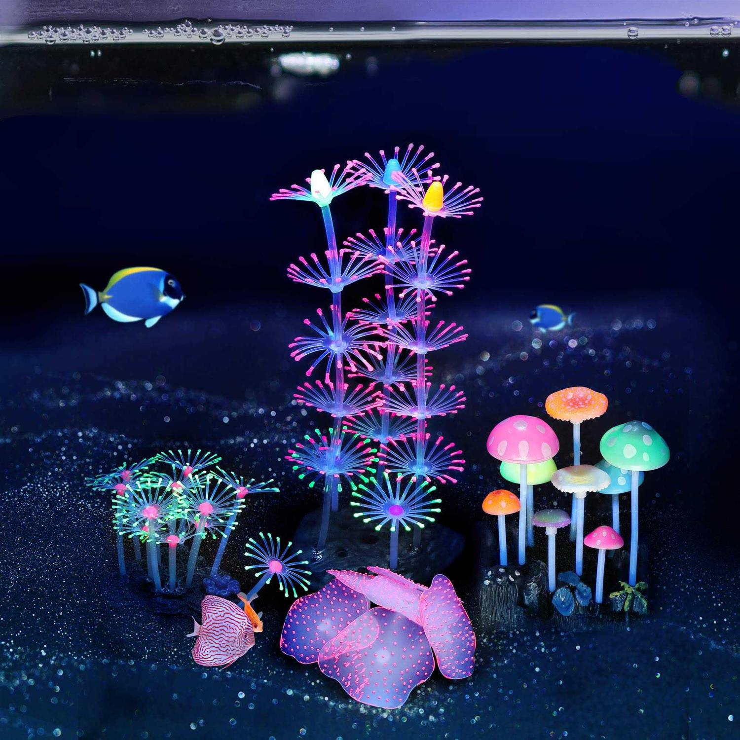 Lpraer 4 Pack Glow Aquarium Decorations Coral Reef Glowing Mushroom Anemone Simulation Glow Plant Glowing Effect Silicone for Fish Tank Decorations - Pet Supplies online store