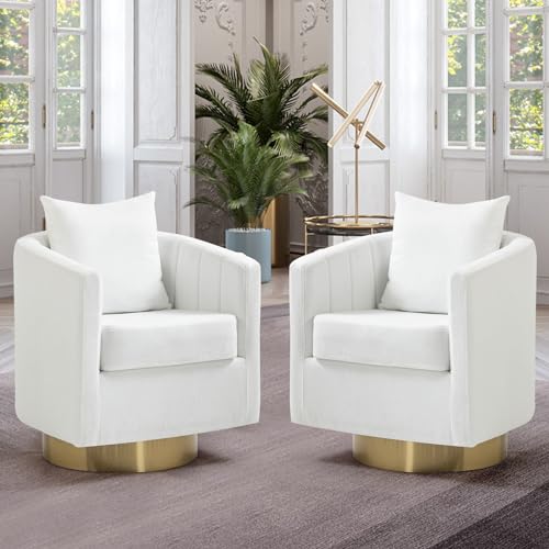 Barrel Accent Chairs Set of 2, Modern 360 Degree Swivel Armchair with Waist Pillow for Living Room, Comfy Upholstered Teddy Fabric Club Chair for Bedroom, White