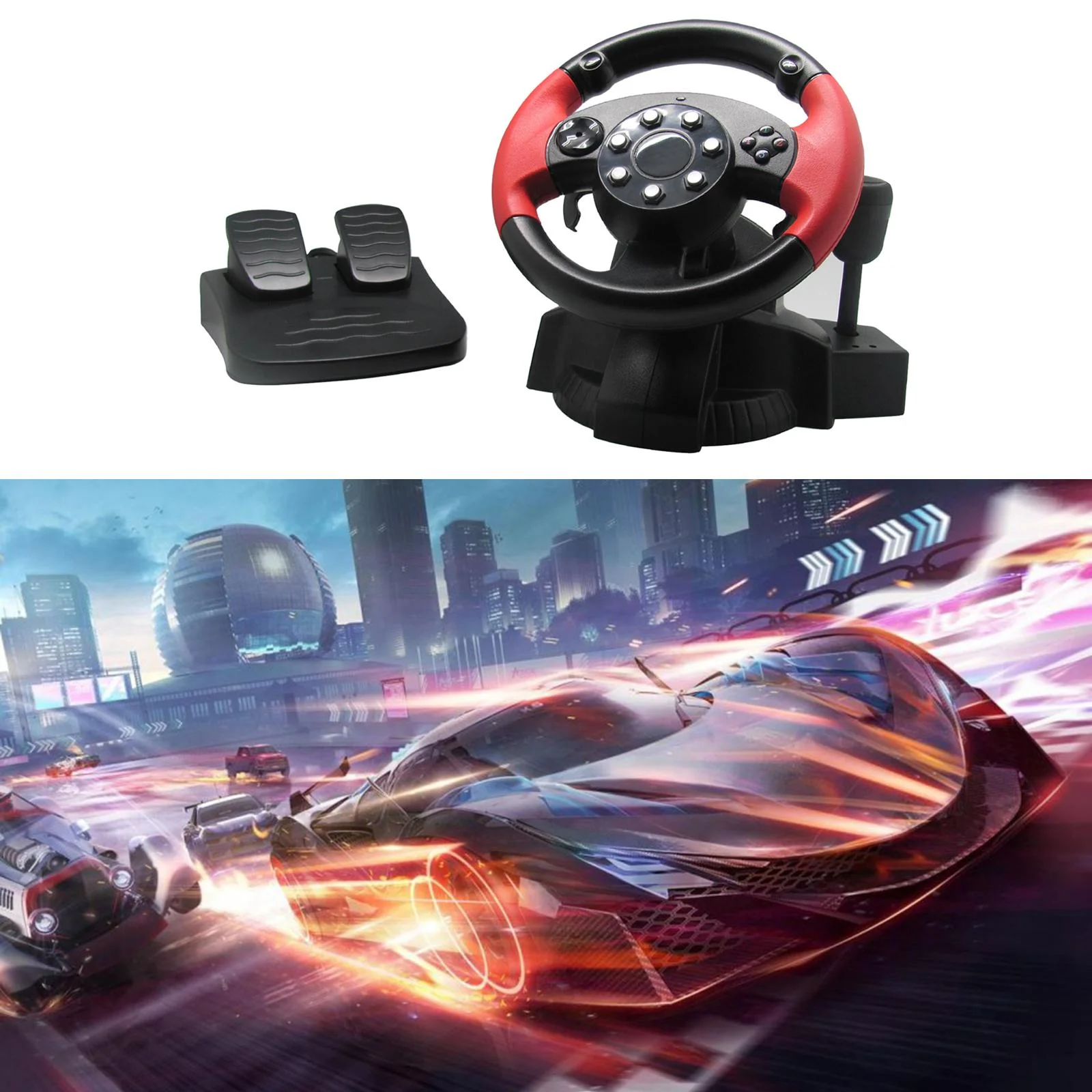 Wheel, Vibration 200 Degree Universal Usb Truck Race Steering Wheel with Pedals Set, 3, ()