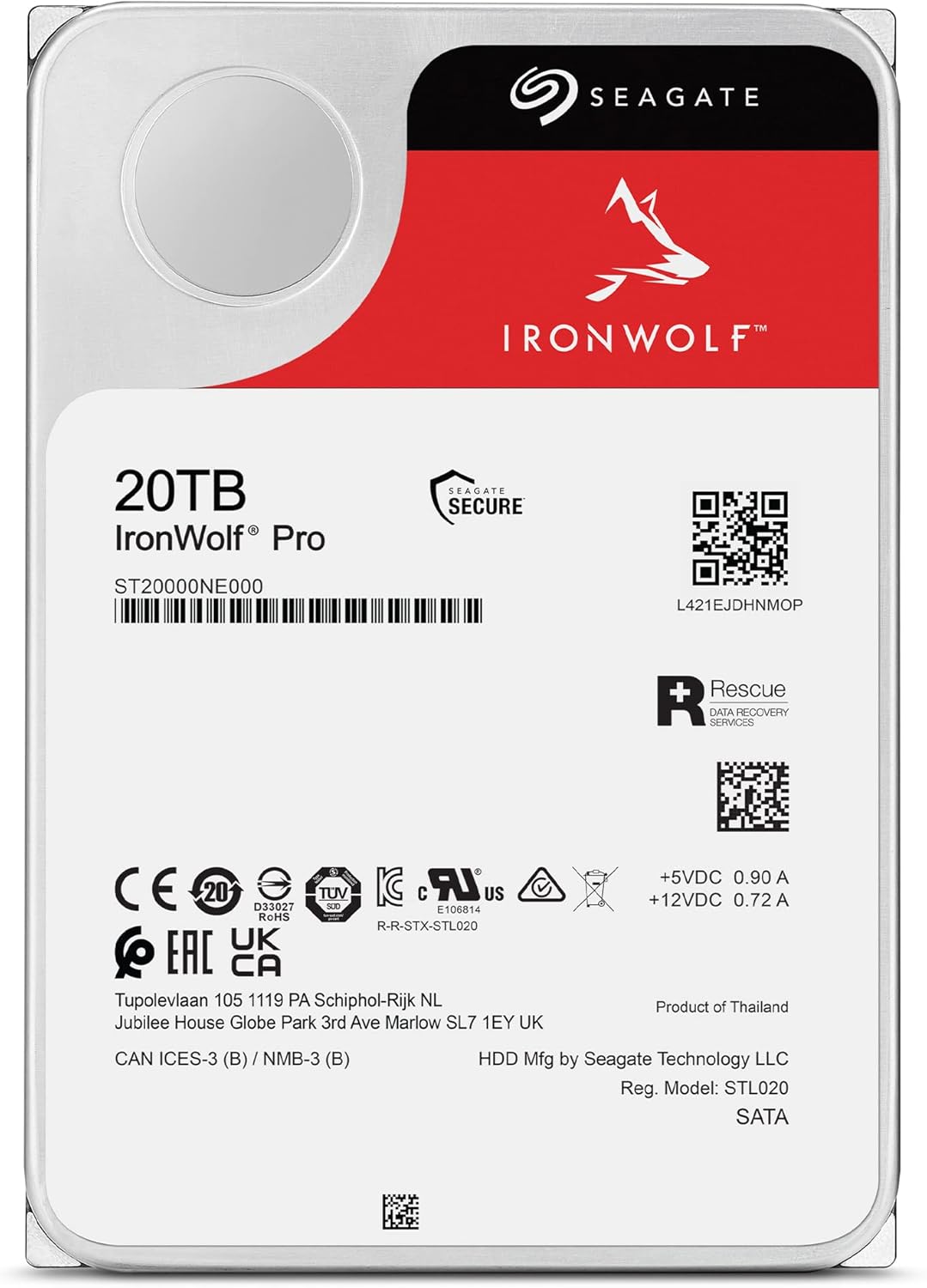Seagate IronWolf Pro 20TB NAS Internal Hard Drive HDD – CMR 3.5 Inch SATA 6Gb/s 7200 RPM 256MB Cache for RAID Network Attached Storage, Rescue Services (ST20000NE000)