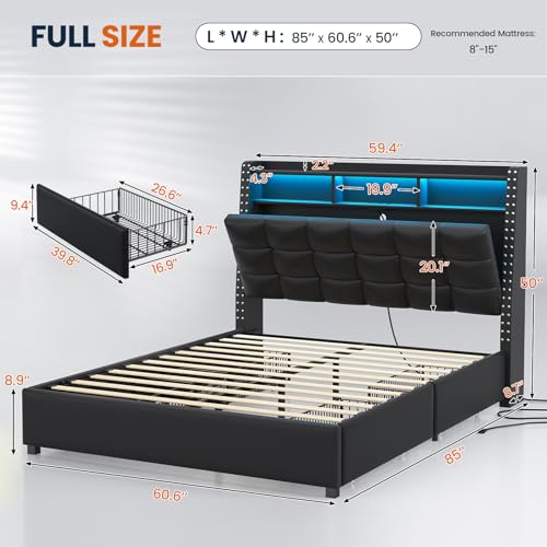 SEDETA Full Size Bed Frame with Headboard & 4 Drawers, LED Bed Frame with Charging Station, Upholstered Bed with Storage Headboard, No Box Spring Needed, Easy Assembly, Grey