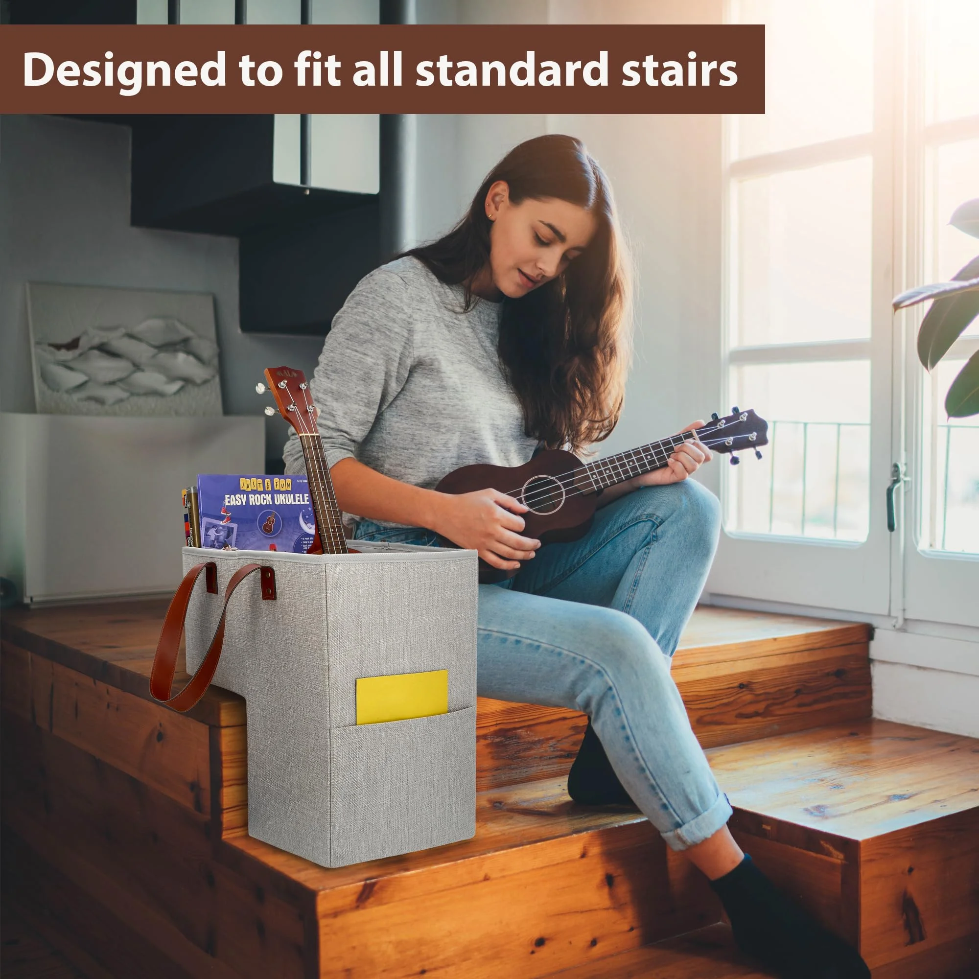 Foldable Stair Basket for Carpet and Wood Stairs, 16L x 9.5W x 16H Storage Organizer, Handles for Easy Carry, Home Office Decor, Gray