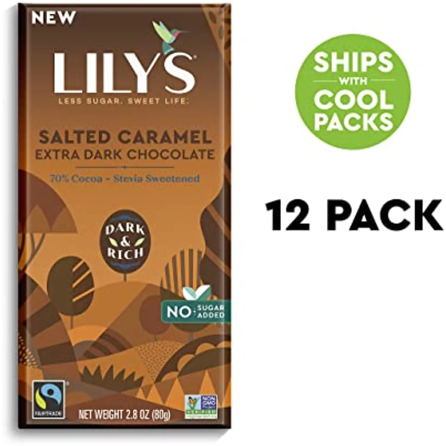 Extra Dark Salted Caramel Chocolate Bar by Lily's Made with Stevia, No Added Sugar, Low-Carb, Keto Friendly 70% Cocoa Fair Trade, Gluten-Free & Non-GMO 2.8 ounce, 12-Pack