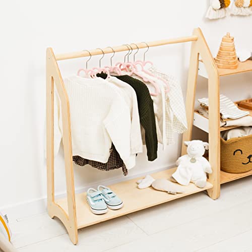 Montessori Clothing Rack for Toddler Furniture Wooden Wardrobe Shelf Clothes Kids Birthday Gift Dress up Wood Display Baby Storage Child Size Children Girl Boy Room Decor (Dark Walnut)
