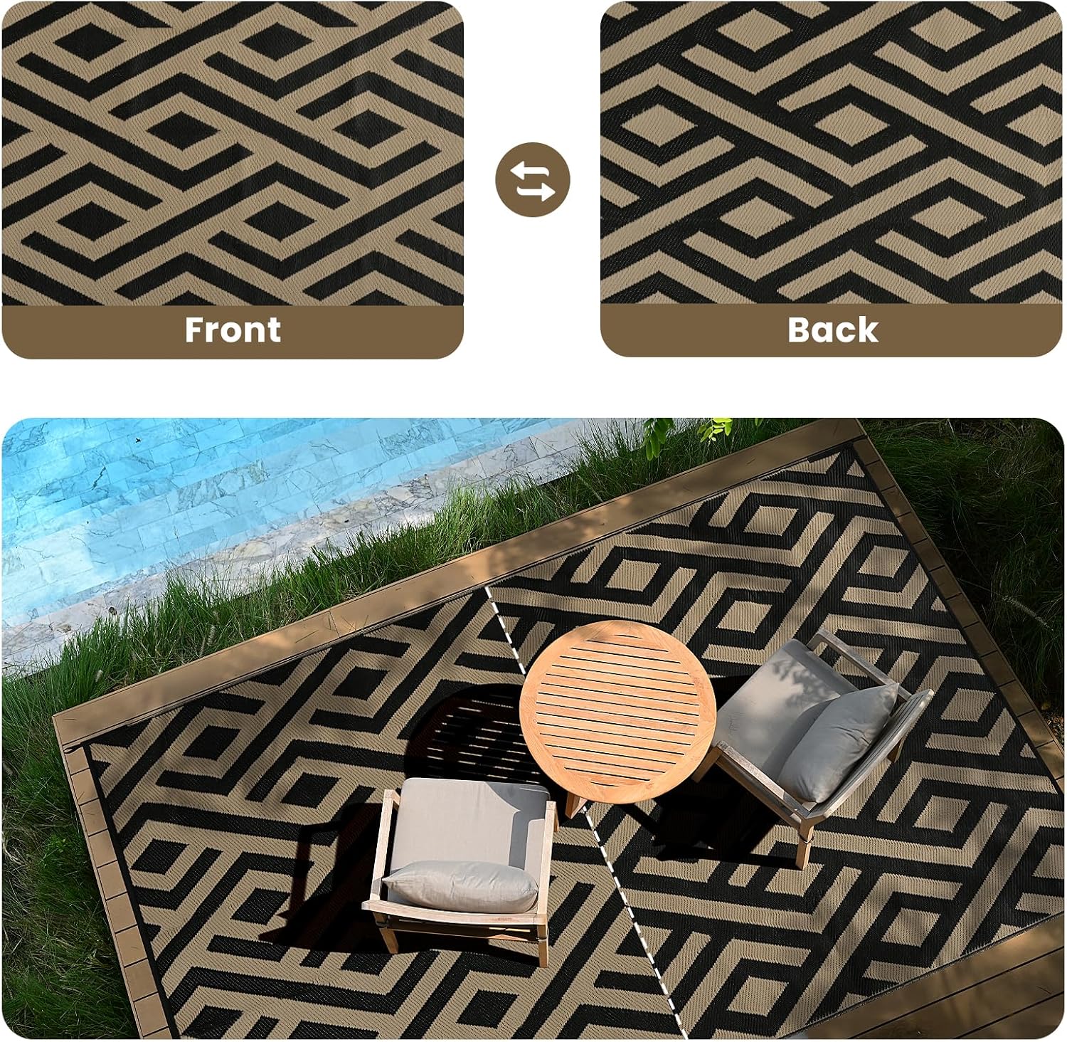 6x9 Outdoor Patio Rug with Carry Bag, Waterproof Outdoor Plastic Straw Rug RV Camping Rug, Reversible Picnic Mat Outside Carpet for Backyard, Porch, Balcony, Deck - Black & Beige