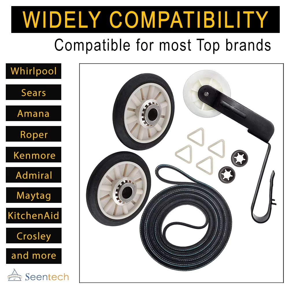 4392065 Dryer Repair Kit with 349241T Drum Roller Kit, 691366 Idler Pulley 341241 Belt by Seentech - Exact fit for Whirlpool & Kenmore Dryers - Replaces AP3131942 AP3098345 AP6010582 WP691366