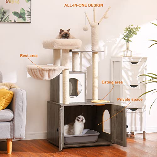 Heybly Cat tree, Wood Litter Box Enclosure with Food Station, All-in-one Indoor Cat Furniture with Basket and Condo, Modern Style Cat Tower, Hammock, Rustic Brown HCT101SR