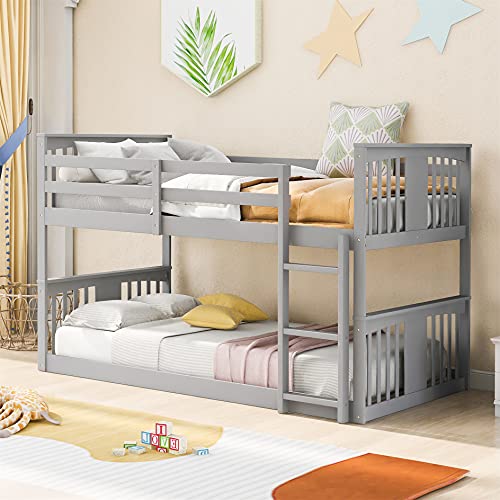 Harper & Bright Designs Low Bunk Bed for Kids Teens, Solid Wood Twin over Twin Floor Bunk Beds with Ladder and Guard Rail (New, Gray)