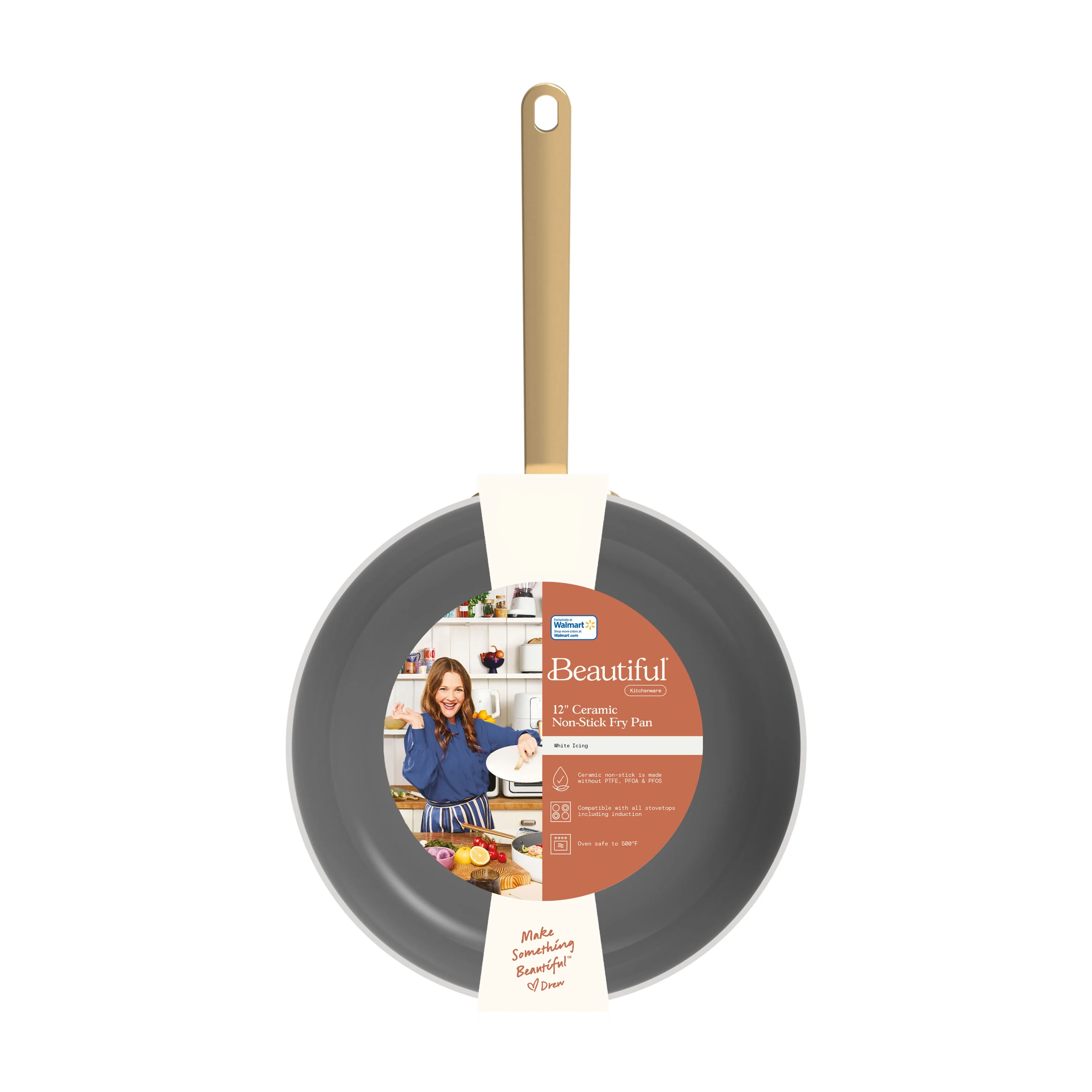 Beautiful 12 inch Ceramic Non-Stick Fry Pan, White Icing by Drew Barrymore