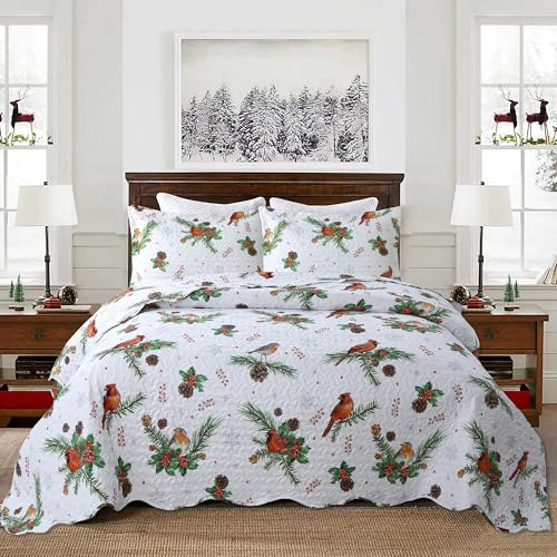MarCielo 3 Piece Christmas Quilt Set, Rustic Lodge Deer Quilt Bedspread Throw Blanket Lightweight Bedspread Coverlet Comforter Set BY013 (King)