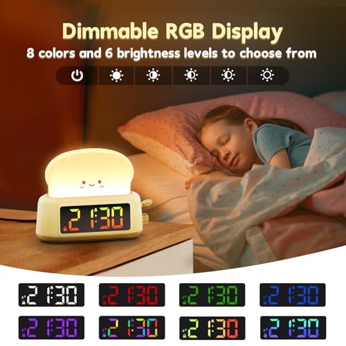 Kids Alarm Clock, Digital Alarm Clock for Bedrooms, Cute Toast Night Light, Timer, Snooze, Adjustable Brightness, Small Bedside Clock for Kids Girls Boys Teens Birthday Room Decor