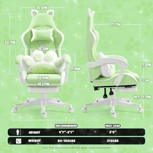 Cute Gaming Chair with Cat Paw Lumbar Cushion and Cat Ears, Ergonomic Computer Chair with Footrest, Reclining PC Game Chair for Girl, Teen, Blue