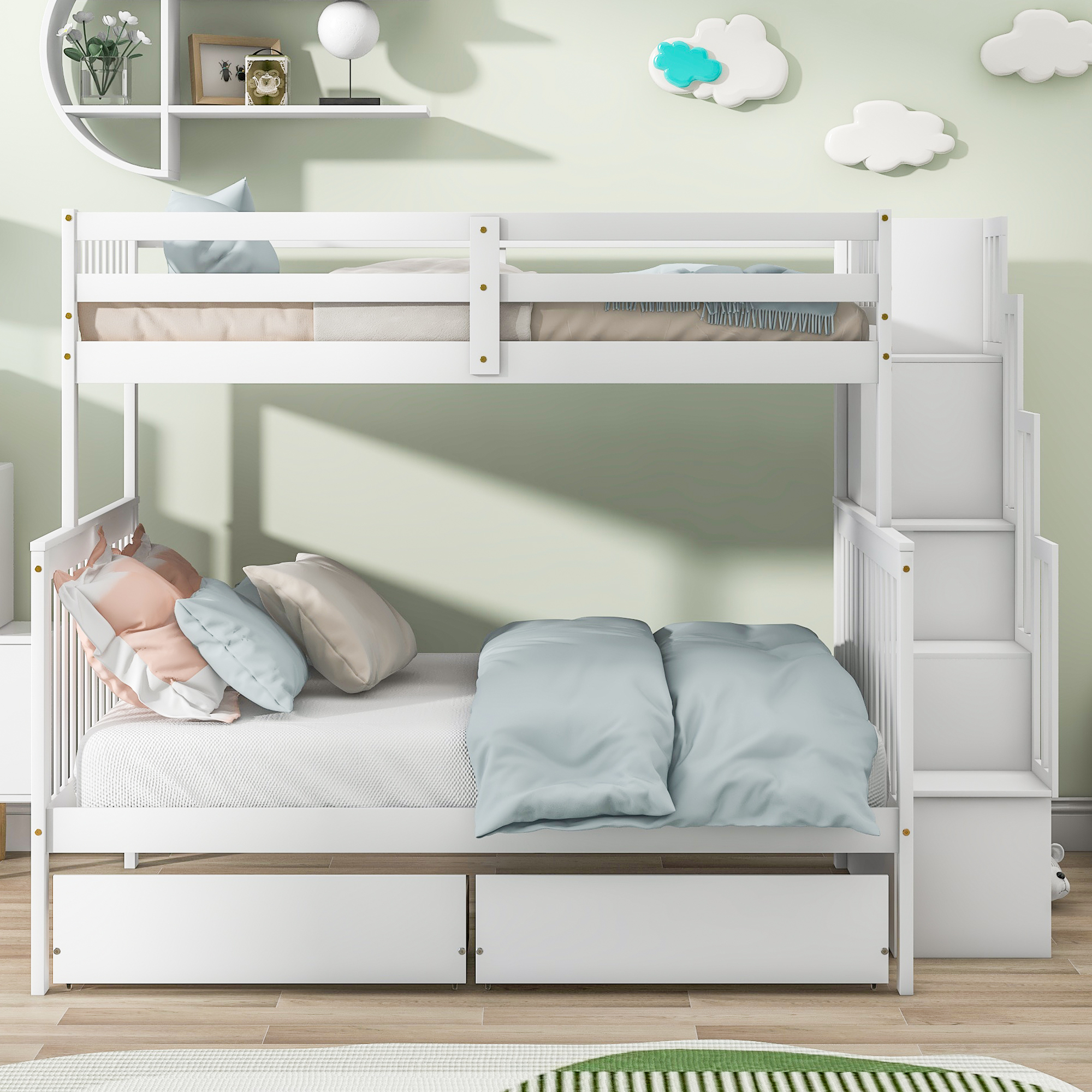 Twin Bunk Bed with 2 Drawers and Stairs, Converts to 2 Beds, Bunk Bed with Stairs and Safety Grabs, Fits Kids, Teens, Adults, White, Dimensions 93.5” x 57.9” x 65.7”