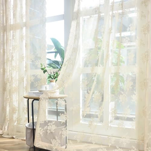 Kotile Ivory Lace Curtains 63 Inch Length 2 Panels Set, Country Floral Scalloped Edge Pattern Old Fashion Lace Curtains for Bedroom, Grommet Privacy Vintage Lace Curtains, 52 x 63 Inch, Ivory/Cream