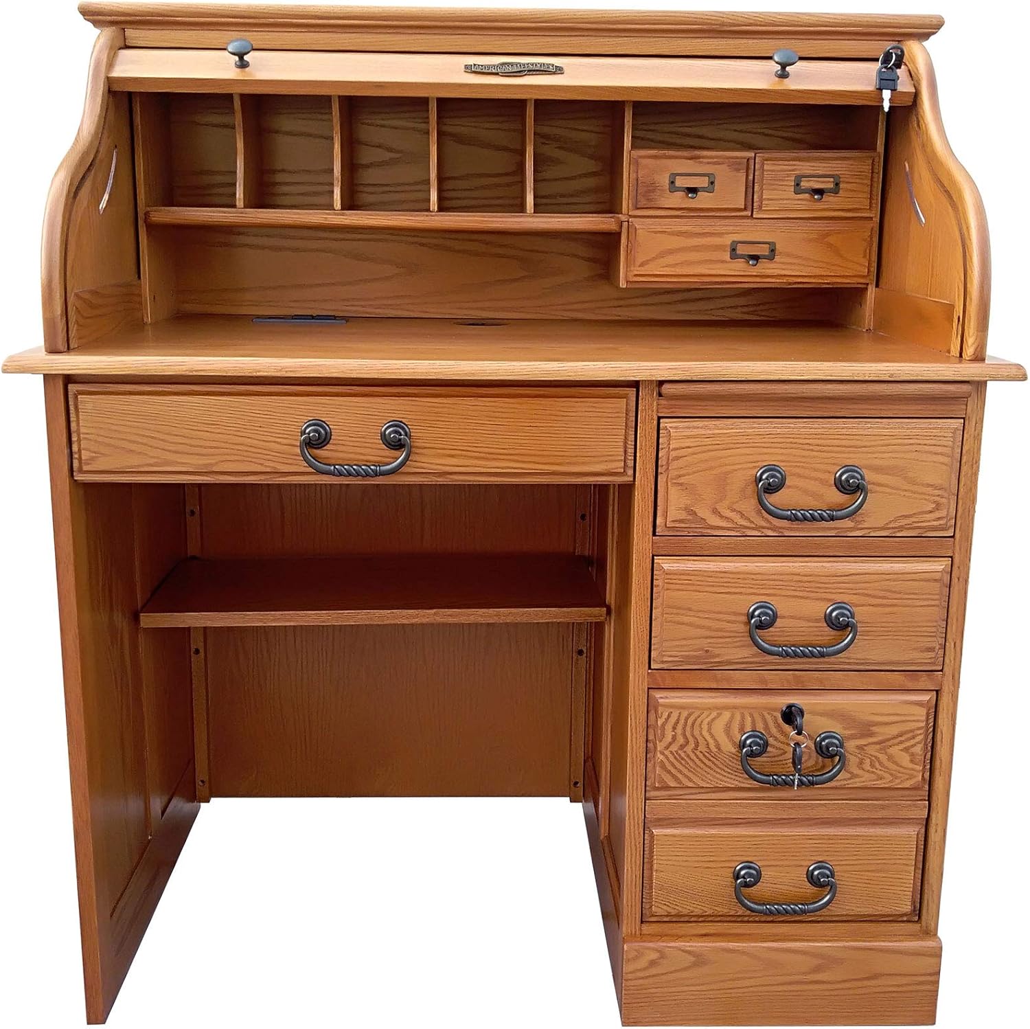 Small Roll Top Desk for Home Office Or Student Solid Oak Wood Single Pedestal 40.5Wx24Dx45H Harvest Stain Quality Crafted Construction Locking File Drawers Dovetailed Secretary Desk Easy Assembly