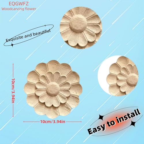 4Pcs Round Wood Appliques and Onlays for Furniture Wooden Carving Decal DIY Wood Appliques Onlays Decorative for Cabinet Bed Door Wall Wardrobe Furniture Decoration(18,8x8cm/3.15