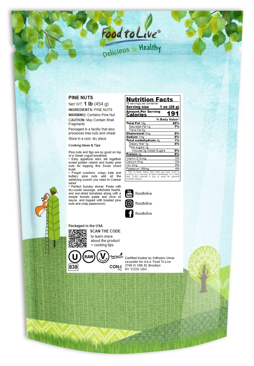 Food to Live, Pine Nuts, 1 Pound, Kosher