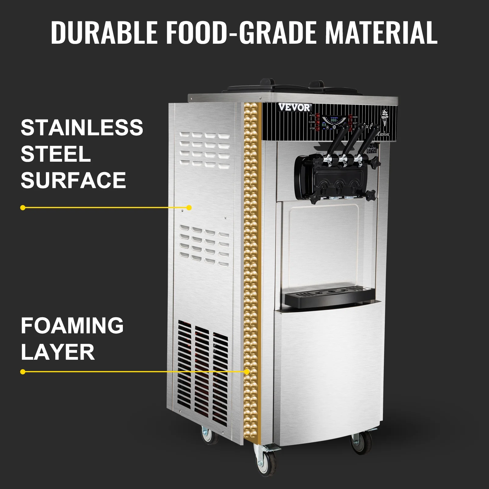 VEVOR Commercial Soft Serve Ice Cream Machine Frozen Yogurt Maker 29 qt /H 3 Flavor 2200W