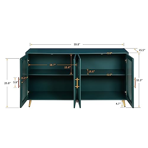 60'' Modern 4-doors Wood Storage Sideboard Buffet Cabinet Console Gold Metal Legs Handle Adjustable Shelves Entryway Accent Credenza Table for Kitchen Dining Room Living Room Hallway (Navy Blue)