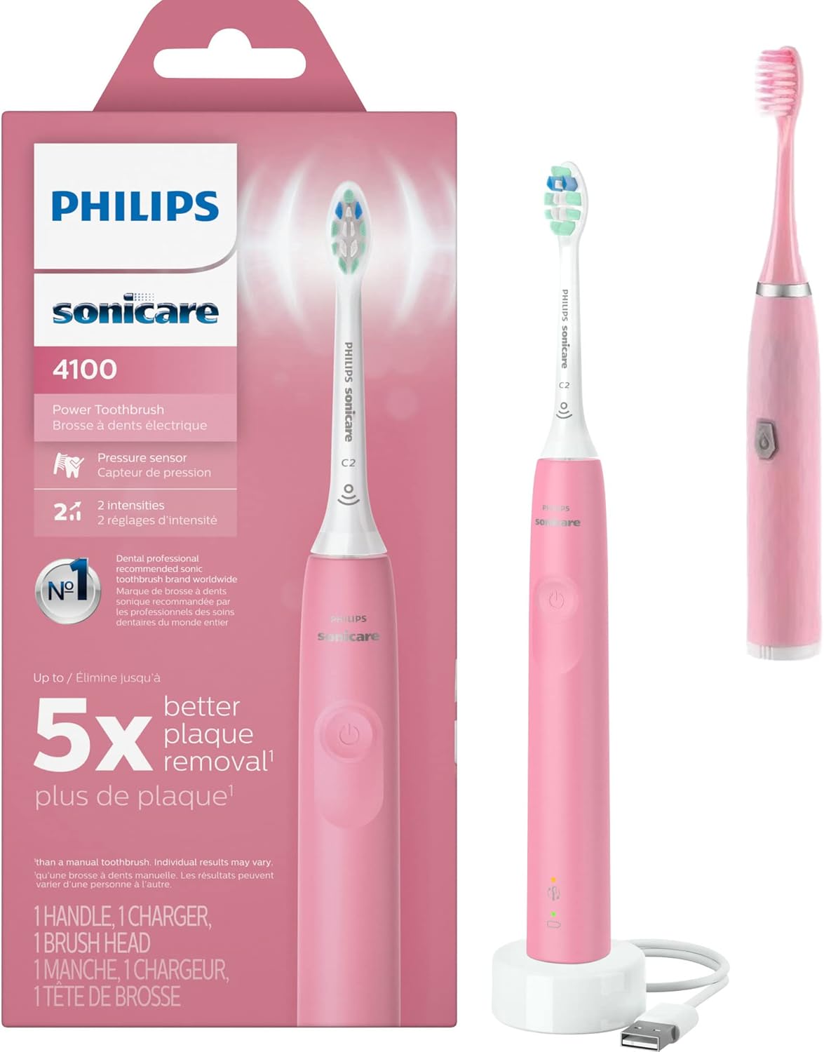PHILIPS Sonicare ProtectiveClean 4100 Rechargeable Electric Toothbrush, Deep Pink - Plaque Control with Pressure Sensor, Up to 2 Weeks Operating Time, Broage Random Color Electric Toothbrush