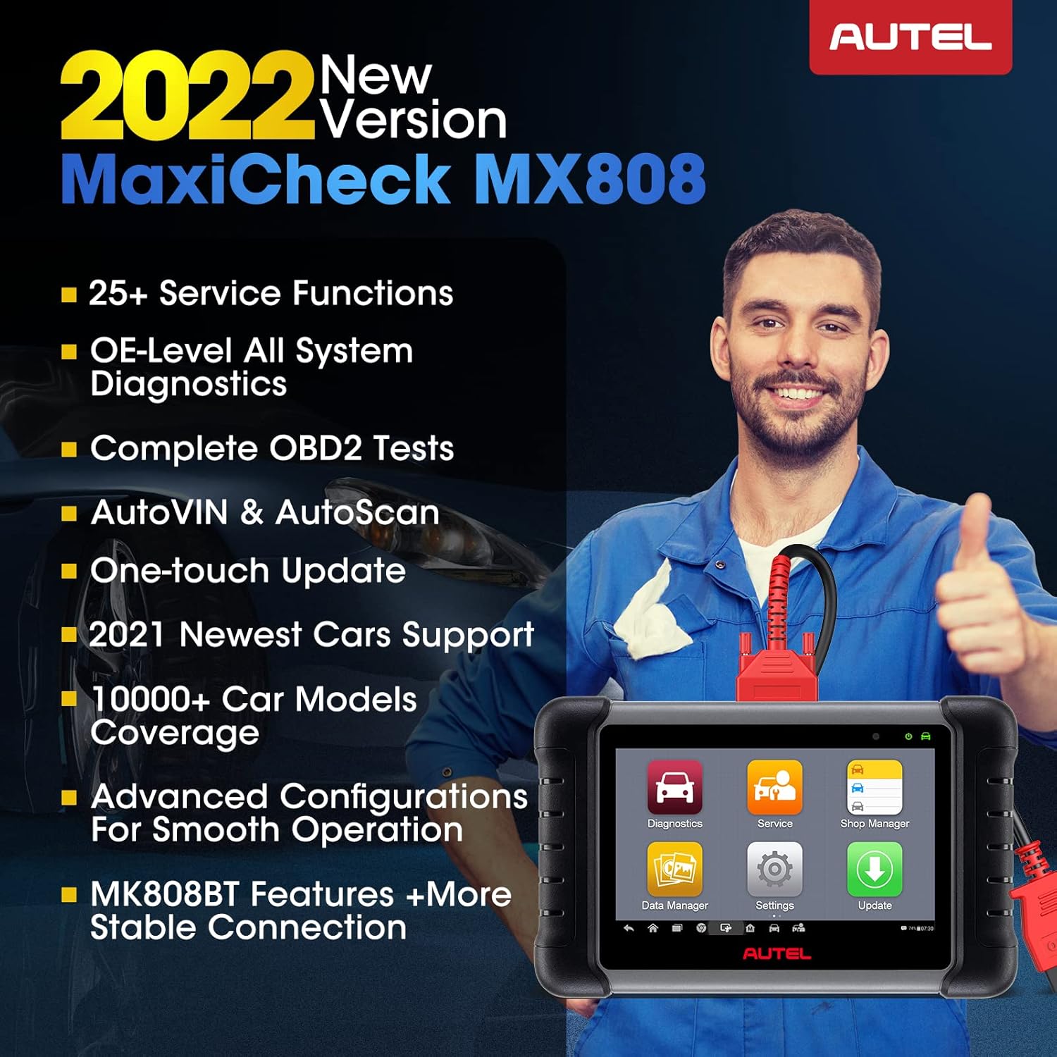 Autel Scanner MaxiCheck MX808 2022, Auto Diagnostic Scan Tool with 25+ Services, All Systems Diagnosis, IMMO, EPB, ABS Bleed, Oil Reset, SAS, Function as MaxiCom MK808BT with OBD2 Cable Same as MK808
