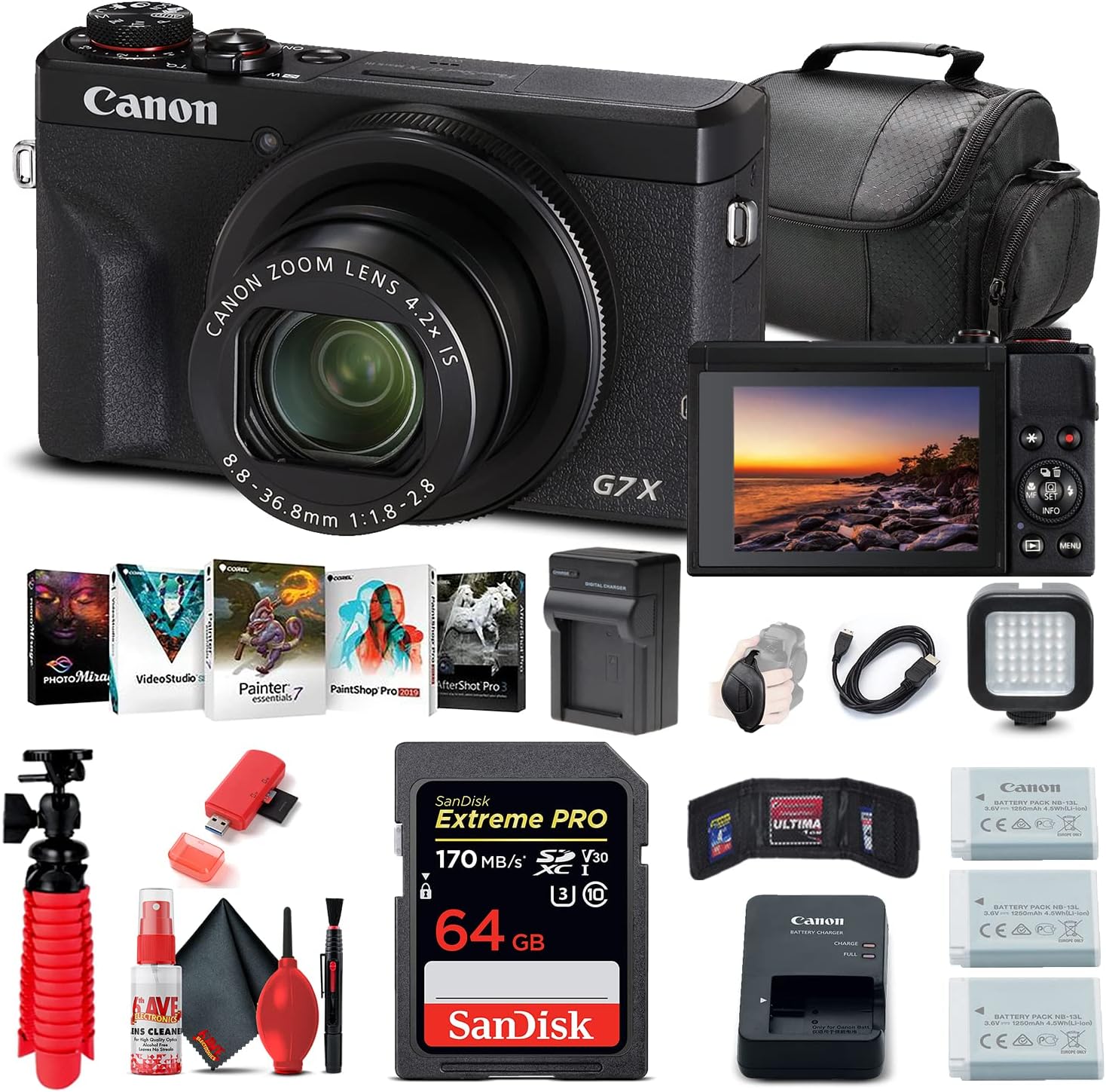 Canon PowerShot G7 X Mark III Digital Camera (Black) (3637C001), 64GB Memory Card, 2 x Battery, Corel Photo Software, Charger, Card Reader, LED Light + More (Renewed)