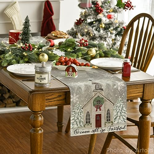 Artoid Mode Church Xmas Trees Snowflakes Merry Christmas Table Runner, Bow Tie Kitchen Dining Table Decoration for Outdoor Home Party 13x72 Inch