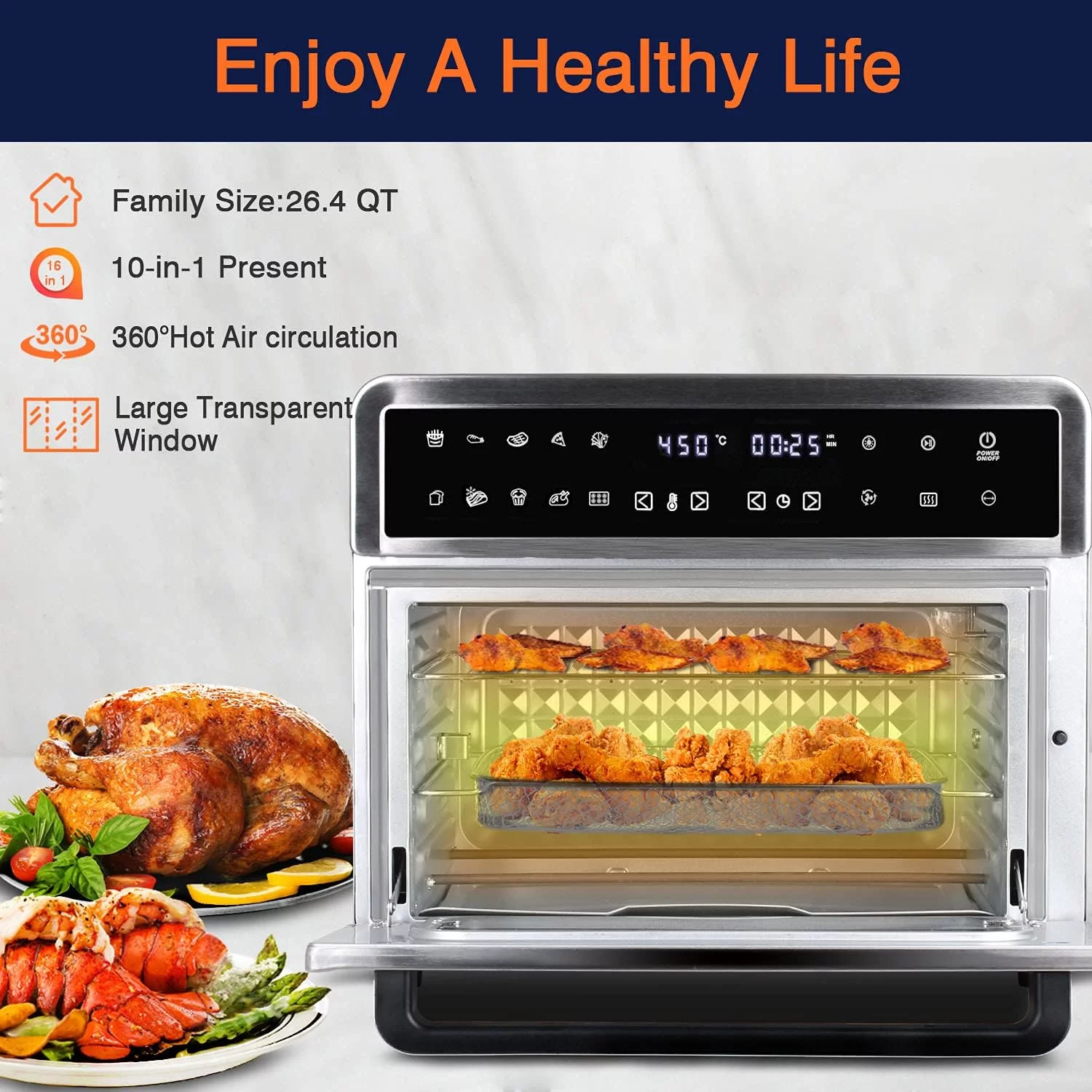 Oven Air Fryer, 26QT Extra Large Toaster Oven Air Fryer Combo With Rotisserie And Dehydrator, Digital Countertop Convection Oven Airfryer Fit 10