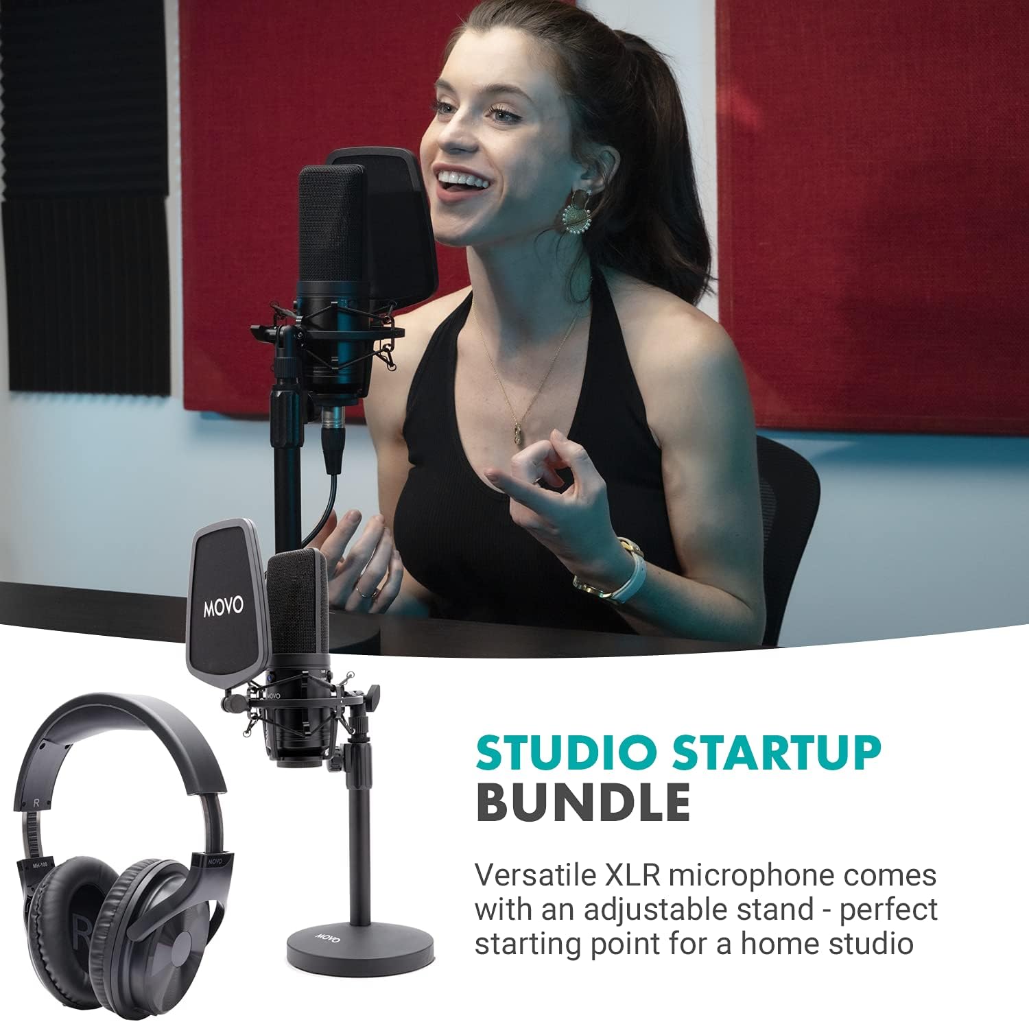Movo Podcast Equipment Bundle with XLR Wired Microphone, 3.5mm/6.35mm Studio Headphones, and Desktop Mic Stand with Pop Filter - Great Music or Gaming Microphone - Studio Equipment for Recording Music