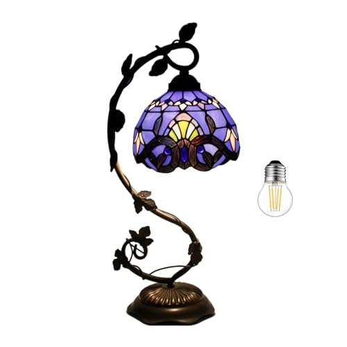 Tiffany-Style 8 Inch Table Lamp Stained Glass Baroque Lampshades Small Bedside Lamp Reading Antique Desk Light Livingroom Bedroom Office Vintage Art Deco Victorian