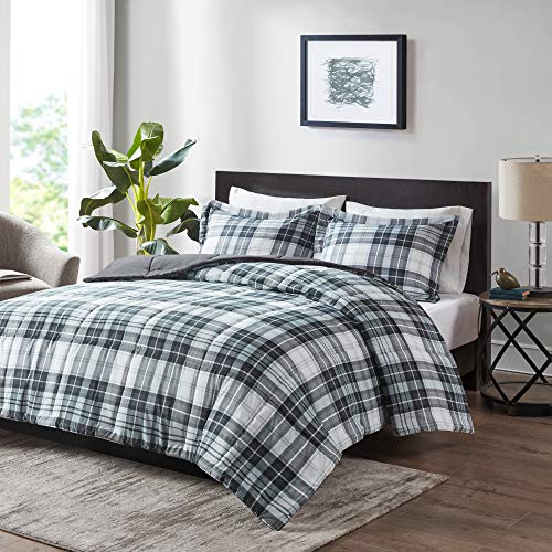 Madison Park Essentials Parkston Plaid Comforter, Matching Sham, 3M Scotchguard Stain Release Cover, Hypoallergenic All Season Bedding-Set, King/California King, Black, 3 Piece