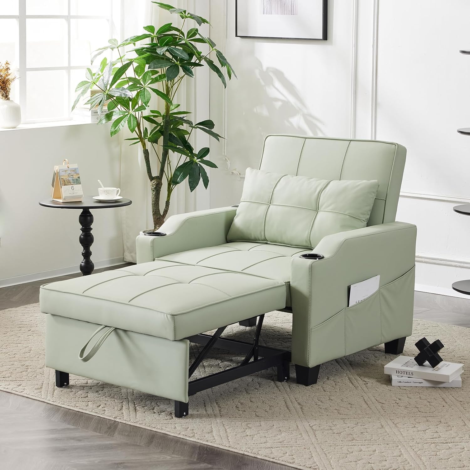 Karl home Sleeper Chair 3-in-1 Pull Out Sofa Bed Convertible Reading Chair with USB/Type C Ports Adjustable Sofa Bed with Cup Holders, PU Leather Mint Green