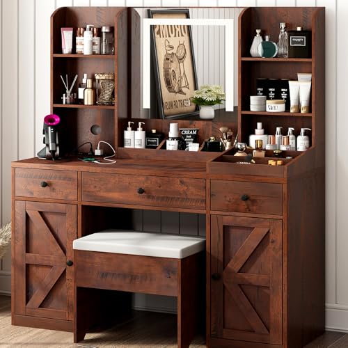 Farmhouse Vanity Desk w/Outlet & Stool, 11 Storage Shelves 3 Drawers 2 Big Cabinets, 43