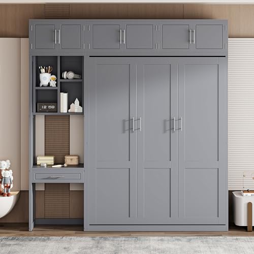 LZ LEISURE ZONE Full Size Murphy Bed, Wood Space Saving Foldable Wall Bed with Desk, Top Cabinet and Storage Shelves, White