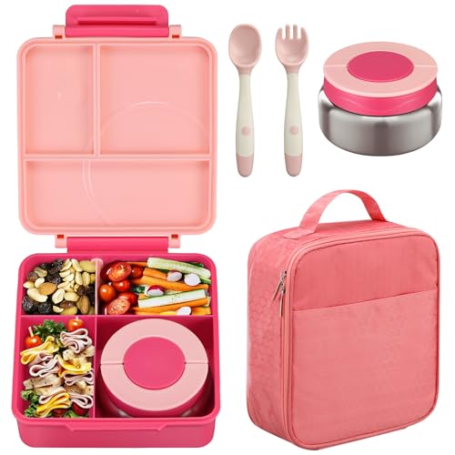 Bento Lunch Box Set for Kids with 8oz Soup Thermo, Leak-Proof Lunch Containers with 4 Compartment, Kids Thermo Hot Food Jar and Insulated Lunch Bag for Kid to School-Black