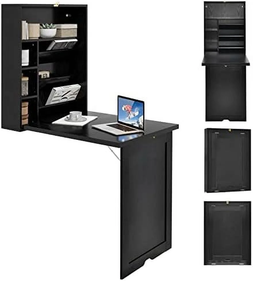 HJZBNONE Wall Mounted Desk  Folding Floating Desk with 3-Tier Tilt  Partition and Adjustable Shelves  Space-Saving Fold up Desk Laptop Desk  Convertible Writing Desk for Home Office (Whit