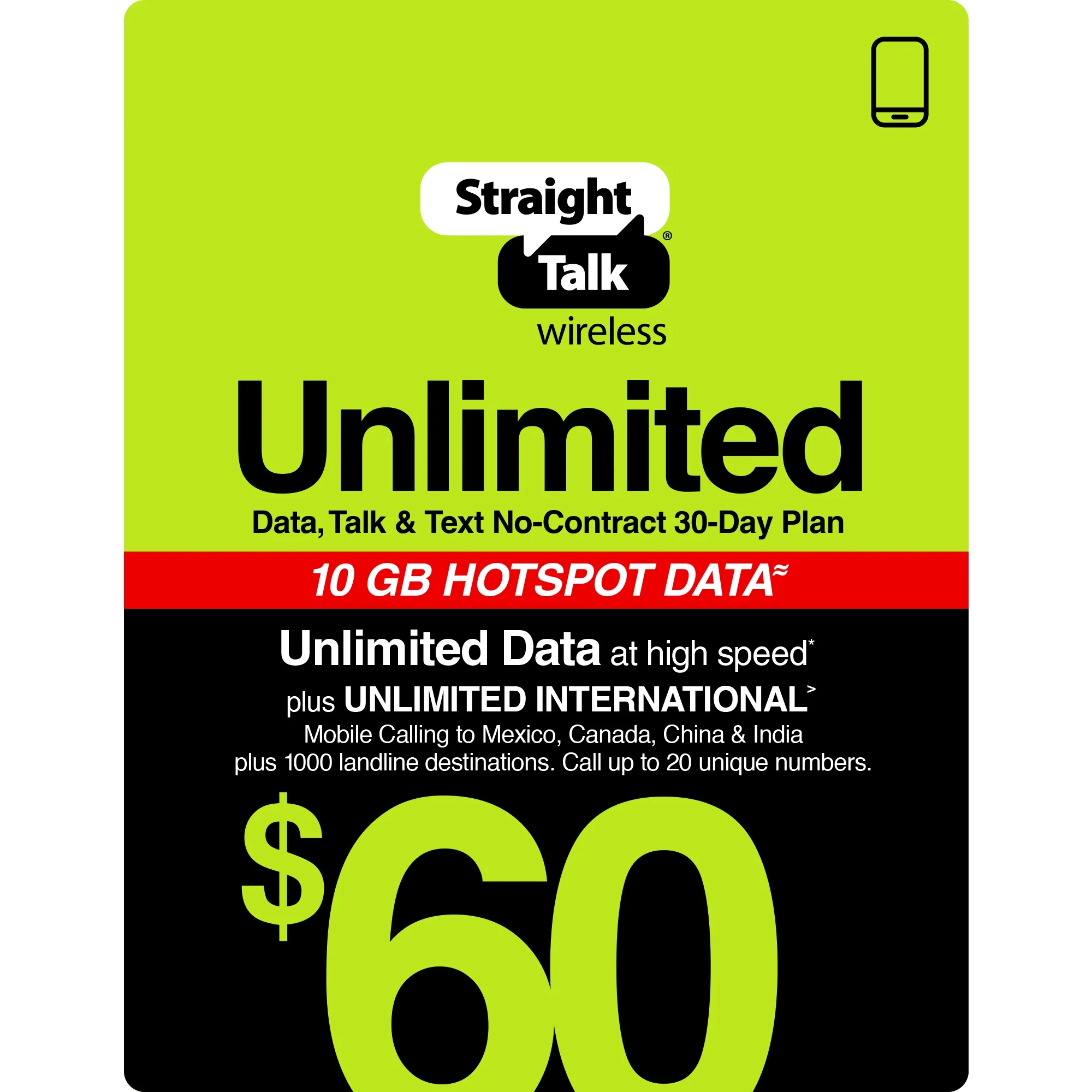 Straight Talk's $60 Unlimited International 30-Day Prepaid Plan + 10GB Hotspot Data e-PIN Top Up (Email Delivery)