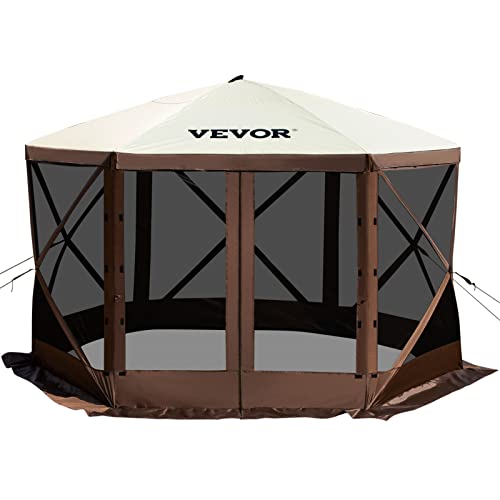 VEVOR Pop Up Gazebo Screen Tent, Pop-Up Instant Gazebo Tents with Mosquito Netting Outdoor Canopy, 6 Sided Sun Shelter 10x10ft with 6 Removable Wind Cloths & 2 Mesh Windows, Pavilion Tent for Patio