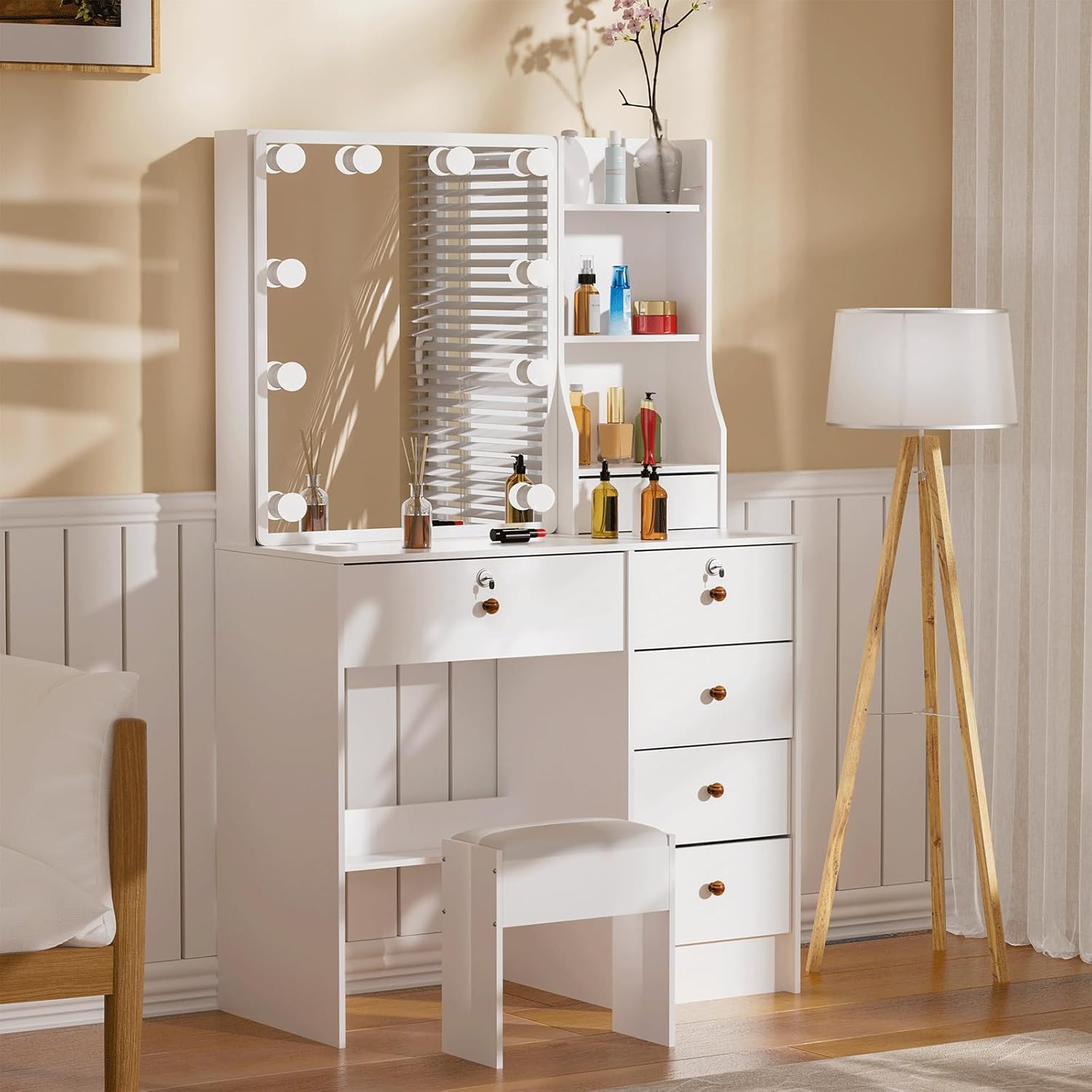 Girls Makeup Vanity with Sliding Mirror and Lights for Home, Hollywood Style Vanity Desk with Lockable Drawers and Cabinets, Dressing Cosmetic Table with Soft Chair for Girls