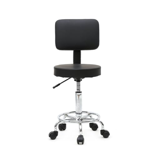 Professional Rolling Stool Chair with Wheels - Adjustable Swivel Saddle Salon, Esthetician, Tattoo, Hair, and Desk Stool(White Round with backrest)