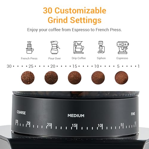 Ollygrin Electric Conical Burr Coffee Grinder, Coffee Bean Grinder Stainless Steel with Digital Timer Display, Coffee Bean Burr Mill Grinder with 30 Precise Grind Settings 12 Cups SilverV02S