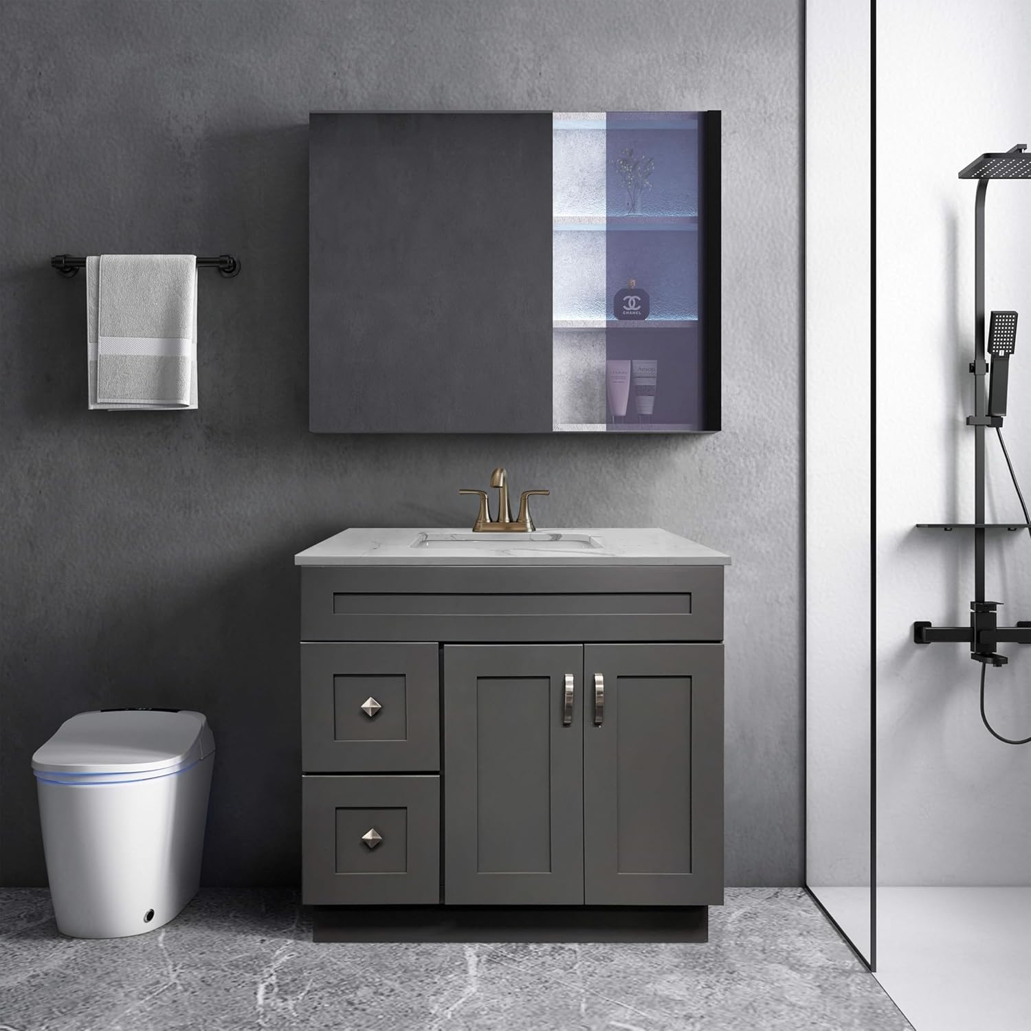 Gray Shaker Bathroom Vanity Sink Base with Drawers 36 in Ready-to-Assemble Cabinet