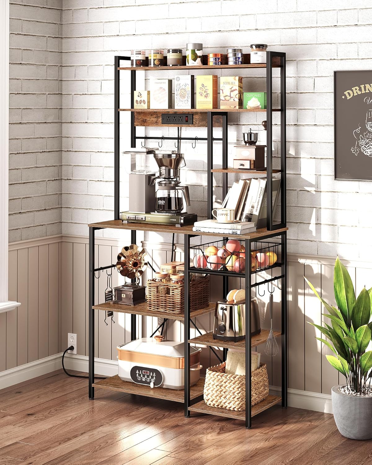 Kitchen Bakers Rack with Power Outlet, Microwave Stand with Multiple Shelves, Floor Standing Bakers Rack, Coffee Bar with Mesh Basket, for Kitchen, Dining Room, Rustic Brown and Black THB01UBF