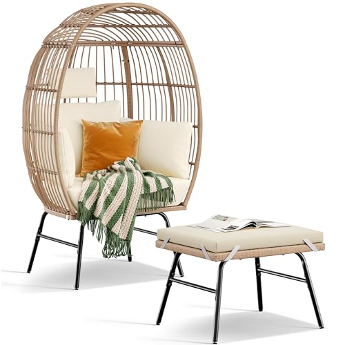 DWVO Rattan Egg Chair with Ottoman, Indoor Outdoor Egg Shape Wicker Chair for Patio, Backyard, Living Room, Basket Chair w/Footrest, 5 Cushions, 450lb Capacity, 38in Width, Steel Frame (Beige)