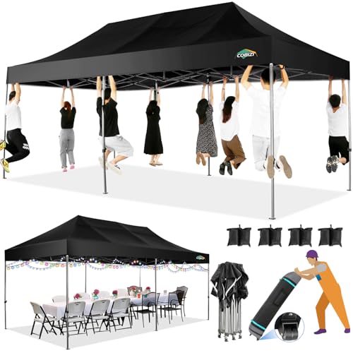 COBIZI 10x20 Heavy Duty Pop up Canopy Tent with 6 sidewalls Easy Up Commercial Outdoor Wedding Party Tents for Parties All Season Wind & Waterproof Gazebo Roller Bag,White(Frame Thickened)